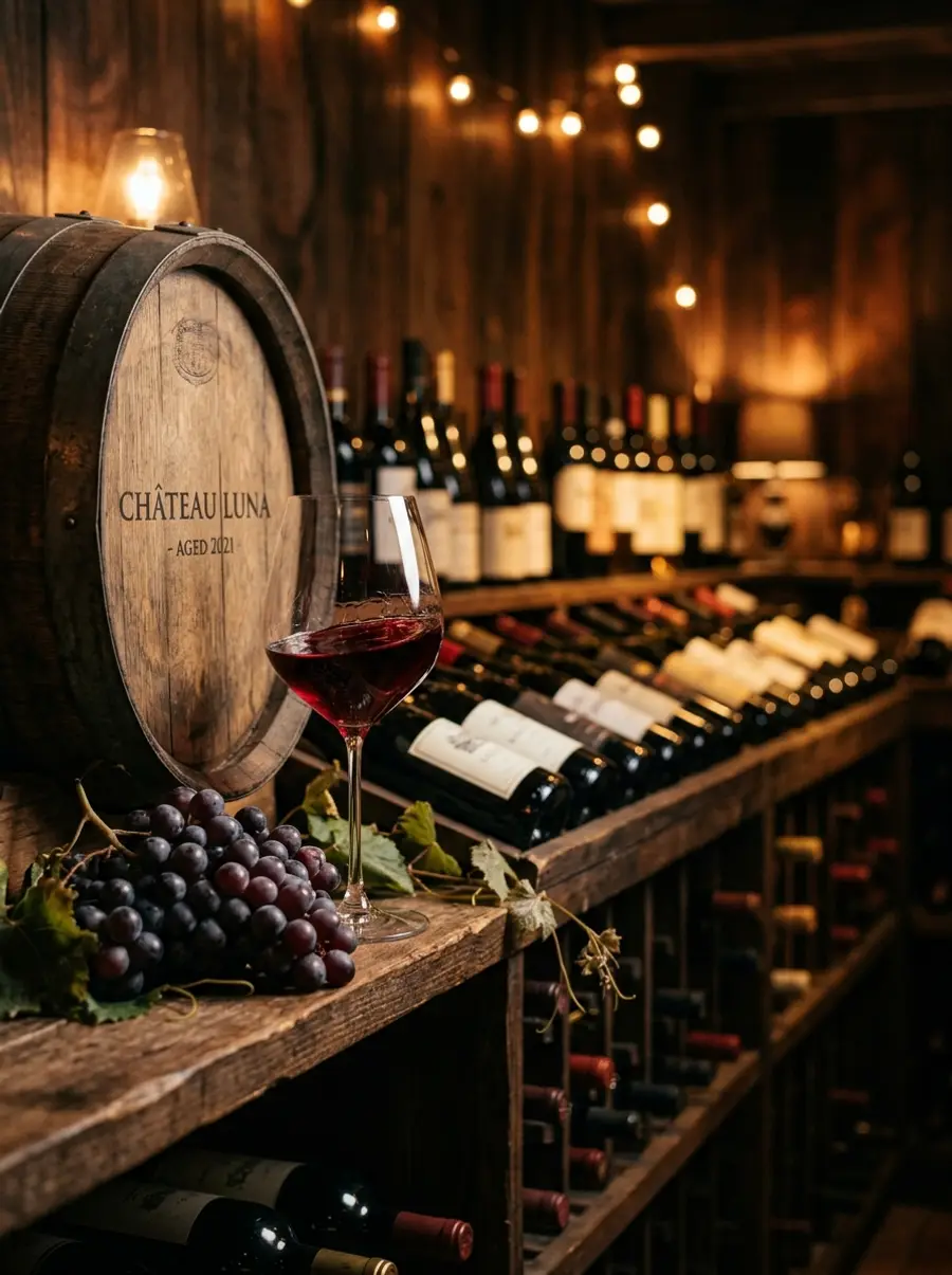 A glass of red wine on a wooden cellar shelf beside a barrel and rows of bottles
